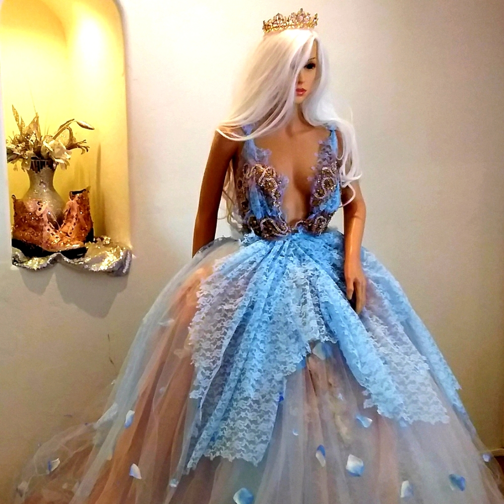 "ASTRID" Blue & Blush Lace & Tulle Wedding Ballgown Set